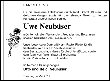 Traueranzeige von Uwe Neubüser von Vorpommern Kurier