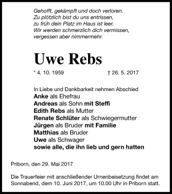 Traueranzeige von Uwe Rebs von Müritz-Zeitung