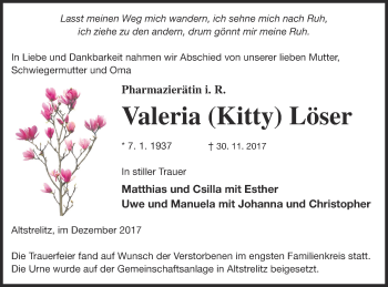 Traueranzeige von Valeria Löser von Strelitzer Zeitung