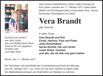 Traueranzeige von Vera Brandt von Müritz-Zeitung