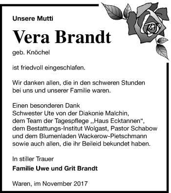 Traueranzeige von Vera Brandt von Müritz-Zeitung