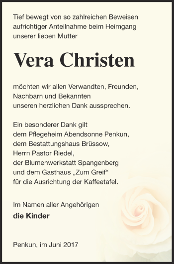 Traueranzeige von Vera Christen von Pasewalker Zeitung