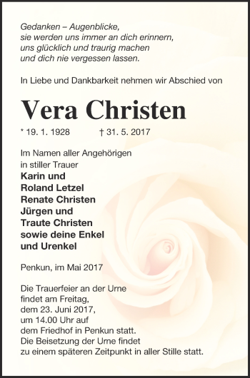 Traueranzeige von Vera Christen von Pasewalker Zeitung