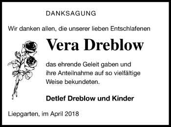 Traueranzeige von Vera Dreblow von Haff-Zeitung