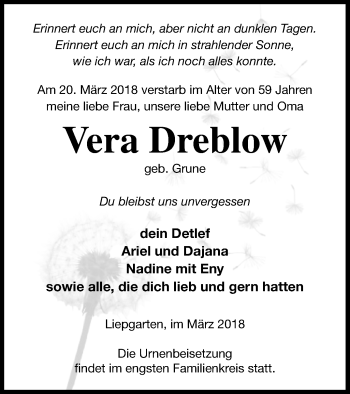 Traueranzeige von Vera Dreblow von Haff-Zeitung