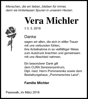 Traueranzeige von Vera Michler von Pasewalker Zeitung