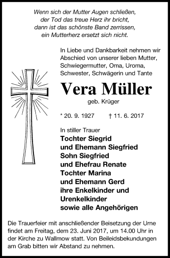 Traueranzeige von Vera Müller von Prenzlauer Zeitung