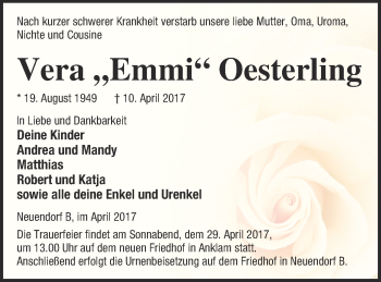 Traueranzeige von Vera Oesterling von Vorpommern Kurier