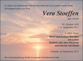 Traueranzeige von Vera Stoeffen von Prenzlauer Zeitung