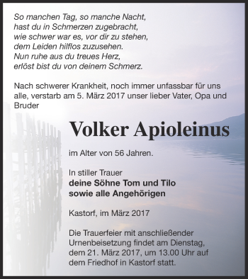 Traueranzeige von Volker Apioleinus von Neubrandenburger Zeitung