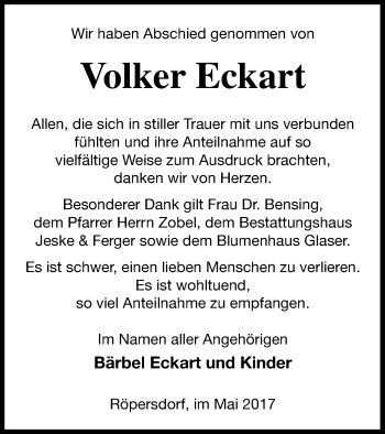 Traueranzeige von Volker Eckart von Prenzlauer Zeitung