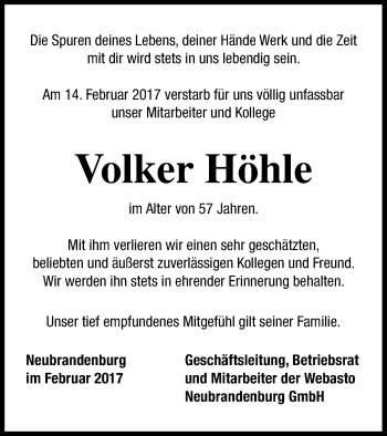 Traueranzeige von Volker Höhle von Neubrandenburger Zeitung