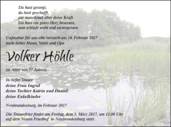 Traueranzeige von Volker Höhle von Neubrandenburger Zeitung