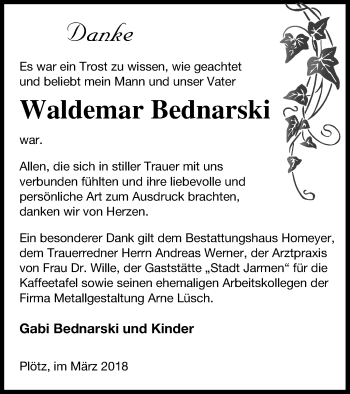 Traueranzeige von Waldemar Bednarski von Vorpommern Kurier