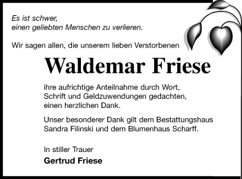 Traueranzeige von Waldemar Friese von Neubrandenburger Zeitung