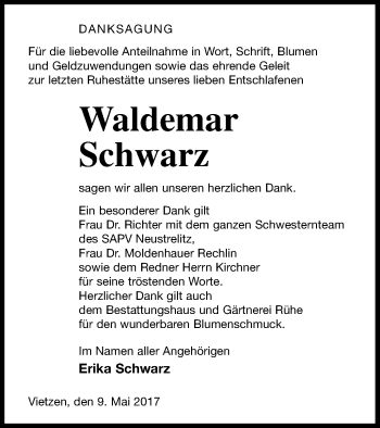 Traueranzeige von Waldemar Schwarz von Müritz-Zeitung