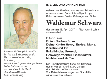 Traueranzeige von Waldemar Schwarz von Müritz-Zeitung