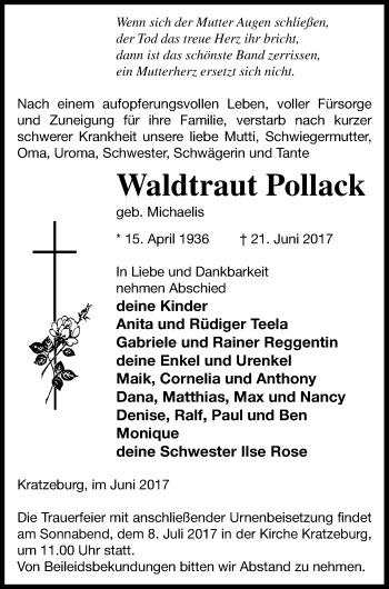 Traueranzeige von Waldtraut Pollack von Müritz-Zeitung