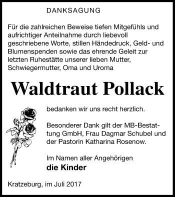 Traueranzeige von Waldtraut Pollack von Strelitzer Zeitung