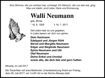 Traueranzeige von Walli Neumann von Haff-Zeitung