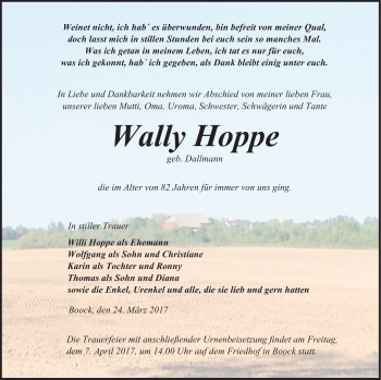 Traueranzeige von Wally Hoppe von Pasewalker Zeitung