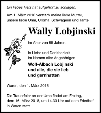 Traueranzeige von Wally Lobjinski von Müritz-Zeitung