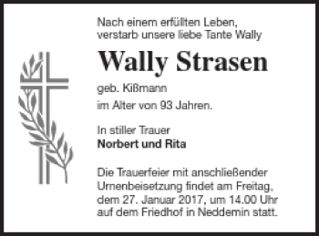 Traueranzeige von Wally Strasen von Neubrandenburger Zeitung