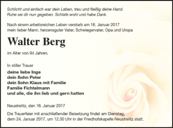 Traueranzeige von Walter Berg von Strelitzer Zeitung