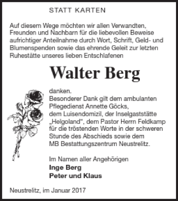 Traueranzeige von Walter Berg von Strelitzer Zeitung