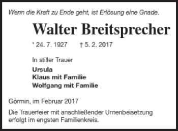 Traueranzeige von Walter Breitsprecher von Vorpommern Kurier