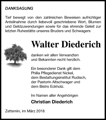 Traueranzeige von Walter Diederich von Mecklenburger Schweiz