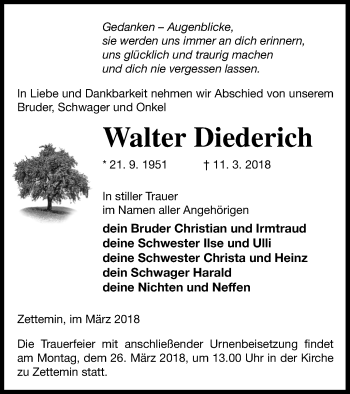 Traueranzeige von Walter Diederich von Mecklenburger Schweiz