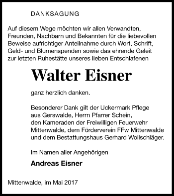 Traueranzeige von Walter Eisner von Templiner Zeitung