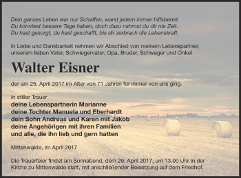 Traueranzeige von Walter Eisner von Templiner Zeitung