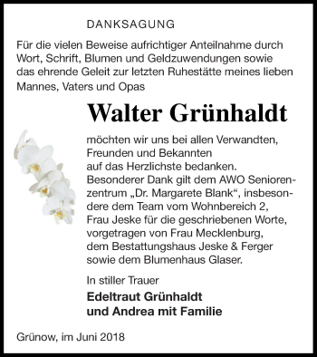 Traueranzeige von Walter Grünhaldt von Prenzlauer Zeitung