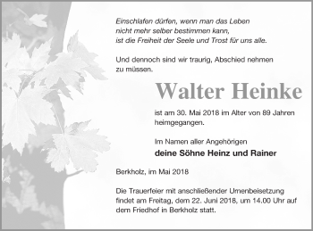 Traueranzeige von Walter Heinke von Templiner Zeitung