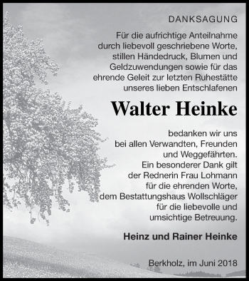 Traueranzeige von Walter Heinke von Templiner Zeitung