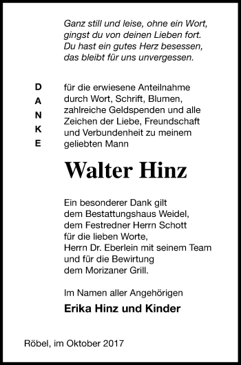 Traueranzeige von Walter Hinz von Müritz-Zeitung