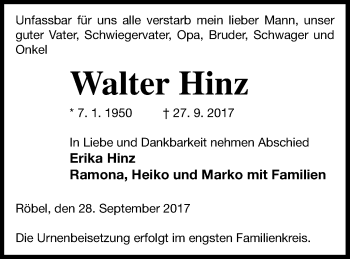 Traueranzeige von Walter Hinz von Müritz-Zeitung