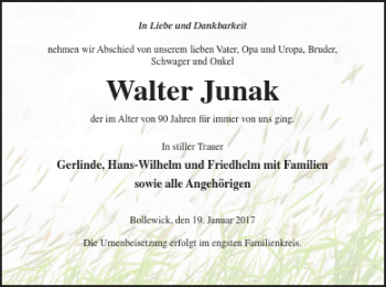 Traueranzeige von Walter Junak von Müritz-Zeitung