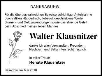 Traueranzeige von Walter Klausnitzer von Mecklenburger Schweiz