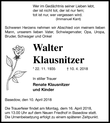 Traueranzeige von Walter Klausnitzer von Mecklenburger Schweiz