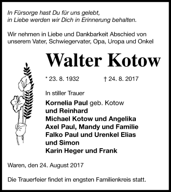 Traueranzeige von Walter Kotow von Müritz-Zeitung