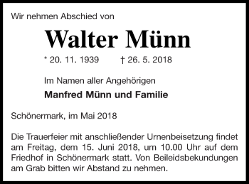 Traueranzeige von Walter Münn von Prenzlauer Zeitung