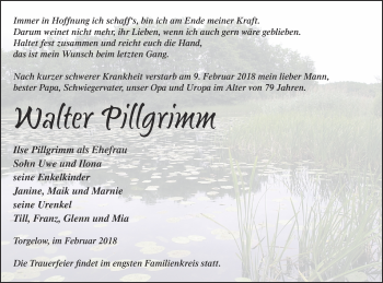 Traueranzeige von Walter Pillgrimm von Haff-Zeitung