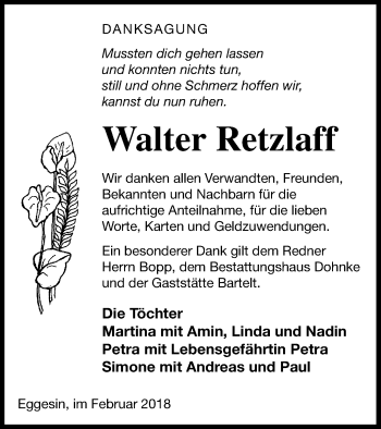 Traueranzeige von Walter Retzlaff von Haff-Zeitung