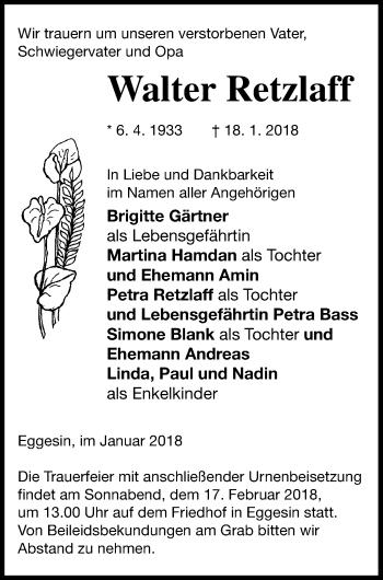 Traueranzeige von Walter Retzlaff von Haff-Zeitung