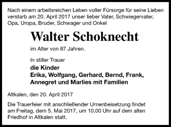 Traueranzeige von Walter Schoknecht von Mecklenburger Schweiz