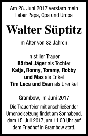 Traueranzeige von Walter Süptitz von Pasewalker Zeitung