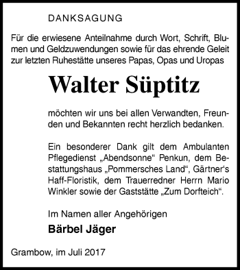 Traueranzeige von Walter Süptitz von Pasewalker Zeitung